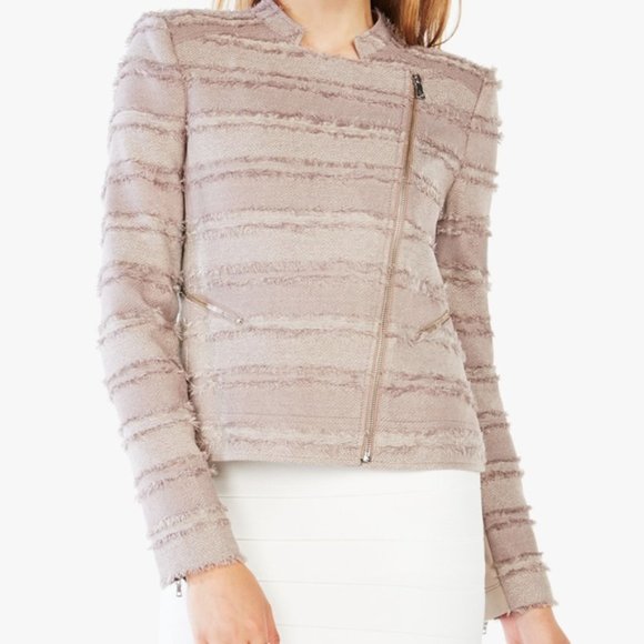 BCBG Maxazria Jaison Tan Striped Fringe Moto Jacket XS - Picture 4 of 9